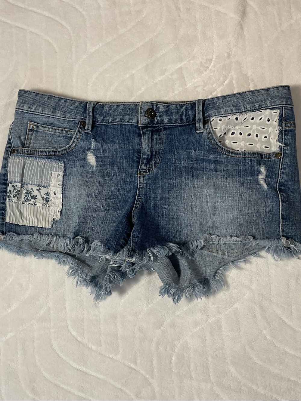 Guess Blue Distressed Denim Patchwork Fringe Hem Shorts